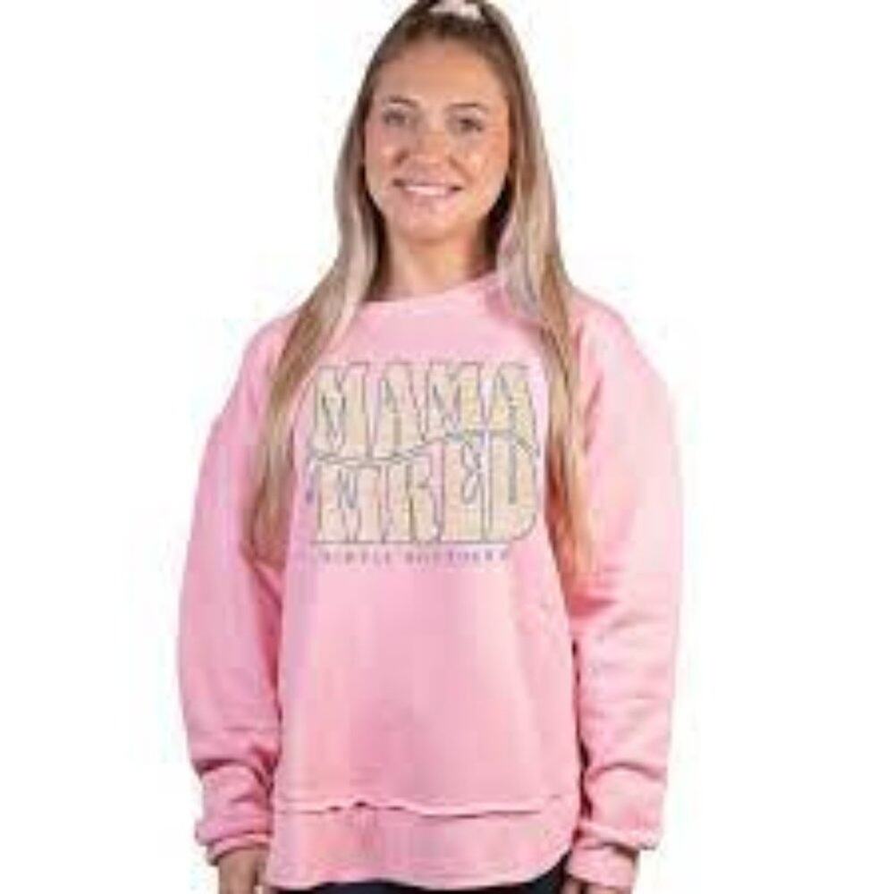 SIMPLY SOUTHERN MAMA TIRED LIGHT PINK LONG SLEEVE CREW SWEATSHIRT SIZE SMALL
